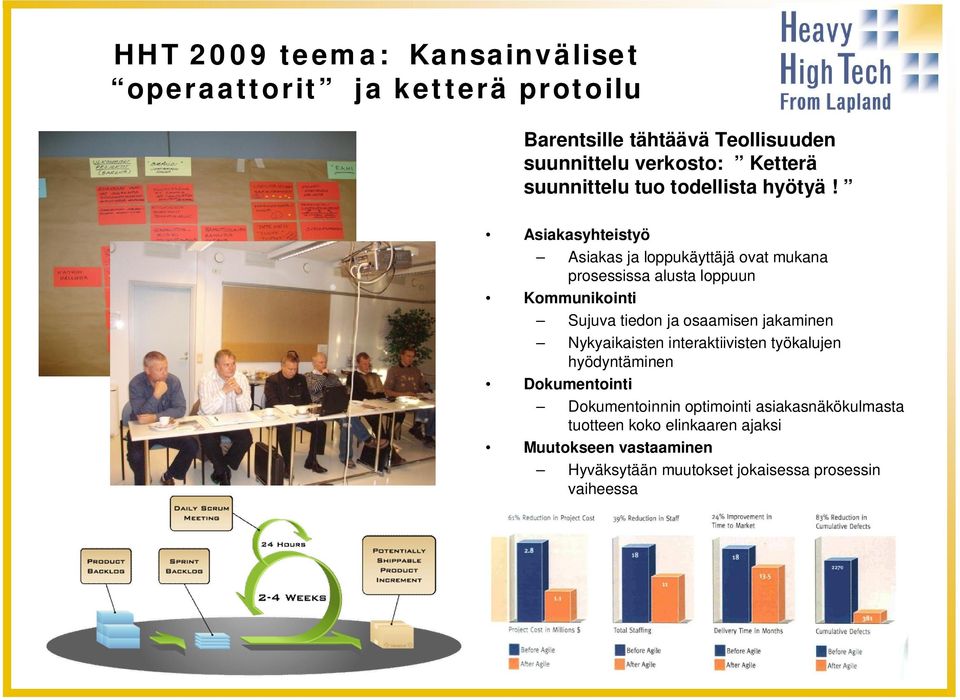 Asiakasyhteistyö Asiakas ja loppukäyttäjä ovat mukana prosessissa alusta loppuun Kommunikointi Sujuva tiedon ja osaamisen