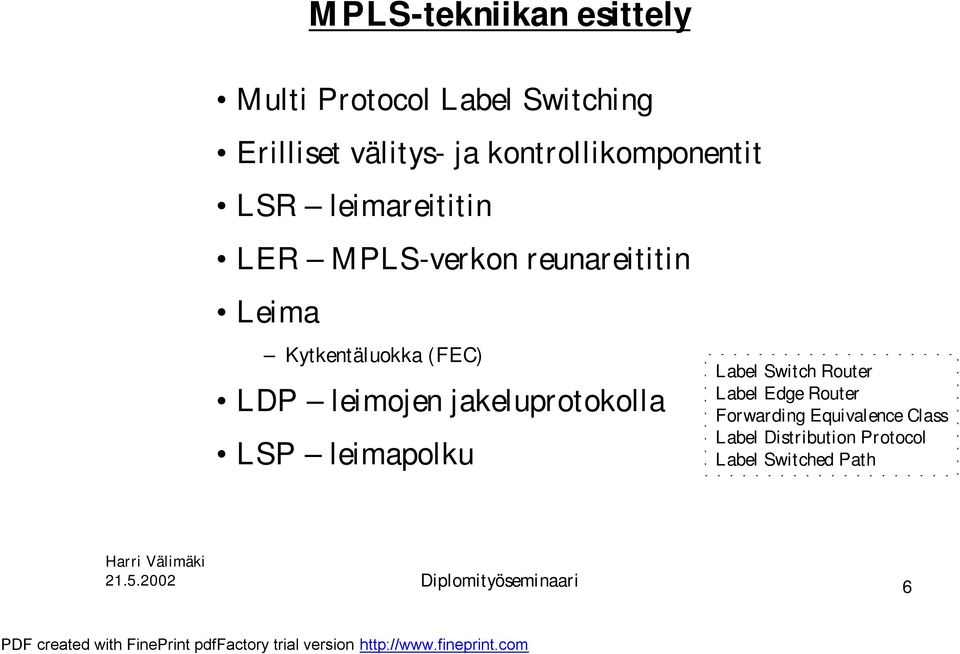 Kytkentäluokka (FEC) LDP leimojen jakeluprotokolla LSP leimapolku Switch Router