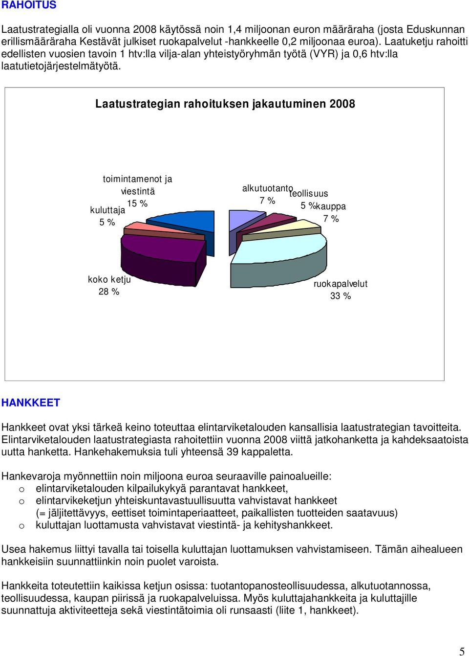 Laatustrategian rahoituksen jakautuminen 2008 toimintamenot ja viestintä 15 % kuluttaja 5 % alkutuotanto 7 % teollisuus 5 %kauppa 7 % koko ketju 28 % ruokapalvelut 33 % HANKKEET Hankkeet ovat yksi