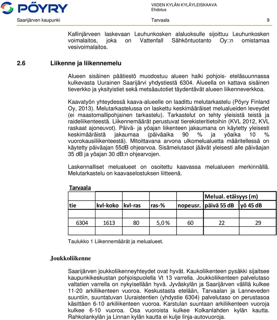 Alueella on kattava sisäinen tieverkko ja yksityistiet sekä metsäautotiet täydentävät alueen liikenneverkkoa. Kaavatyön yhteydessä kaava-alueelle on laadittu melutarkastelu (Pöyry Finland Oy, 2013).