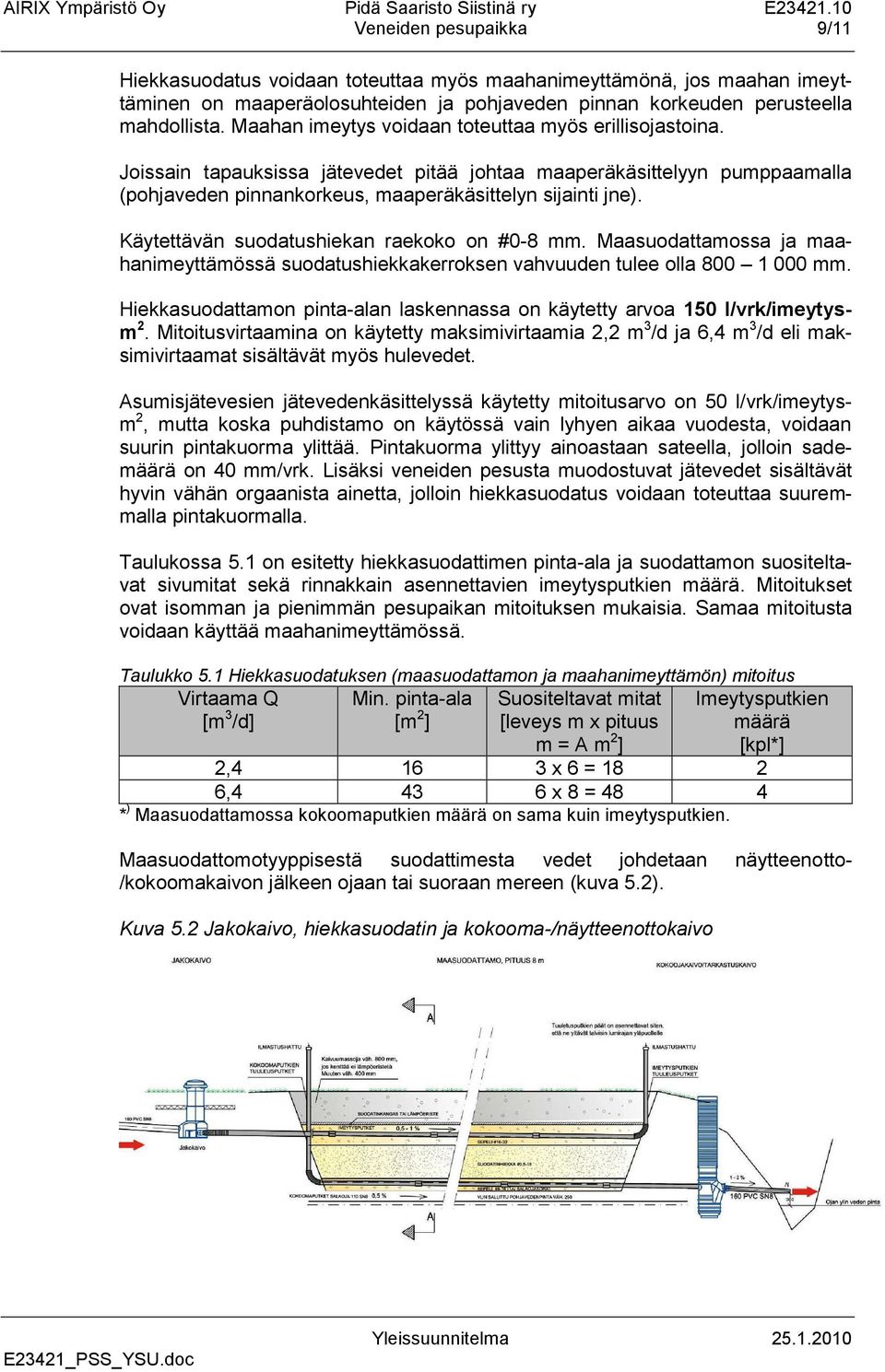 Käytettävän suodatushiekan raekoko on #0-8 mm. Maasuodattamossa ja maahanimeyttämössä suodatushiekkakerroksen vahvuuden tulee olla 800 1 000 mm.