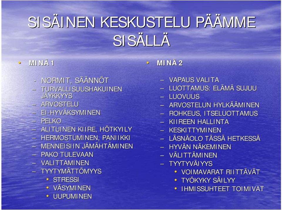 VÄSYMINEN UUPUMINEN MINÄ 2 VAPAUS VALITA LUOTTAMUS: ELÄMÄ SUJUU LUOVUUS ARVOSTELUN HYLKÄÄ ÄÄMINEN ROHKEUS, ITSELUOTTAMUS KIIREEN HALLINTA