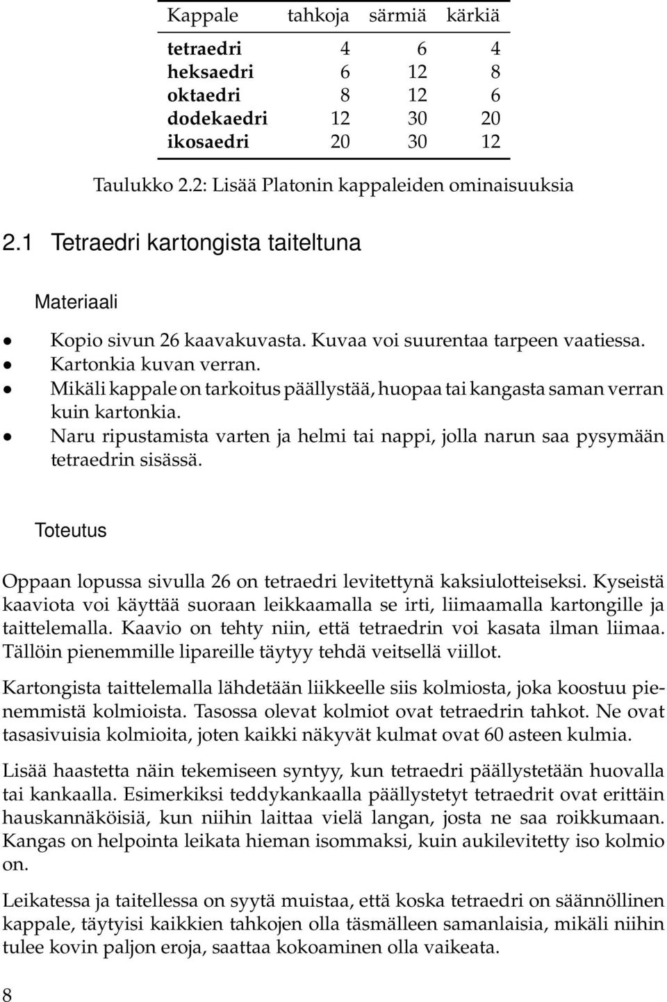 Mikäli kappale on tarkoitus päällystää, huopaa tai kangasta saman verran kuin kartonkia. Naru ripustamista varten ja helmi tai nappi, jolla narun saa pysymään tetraedrin sisässä.