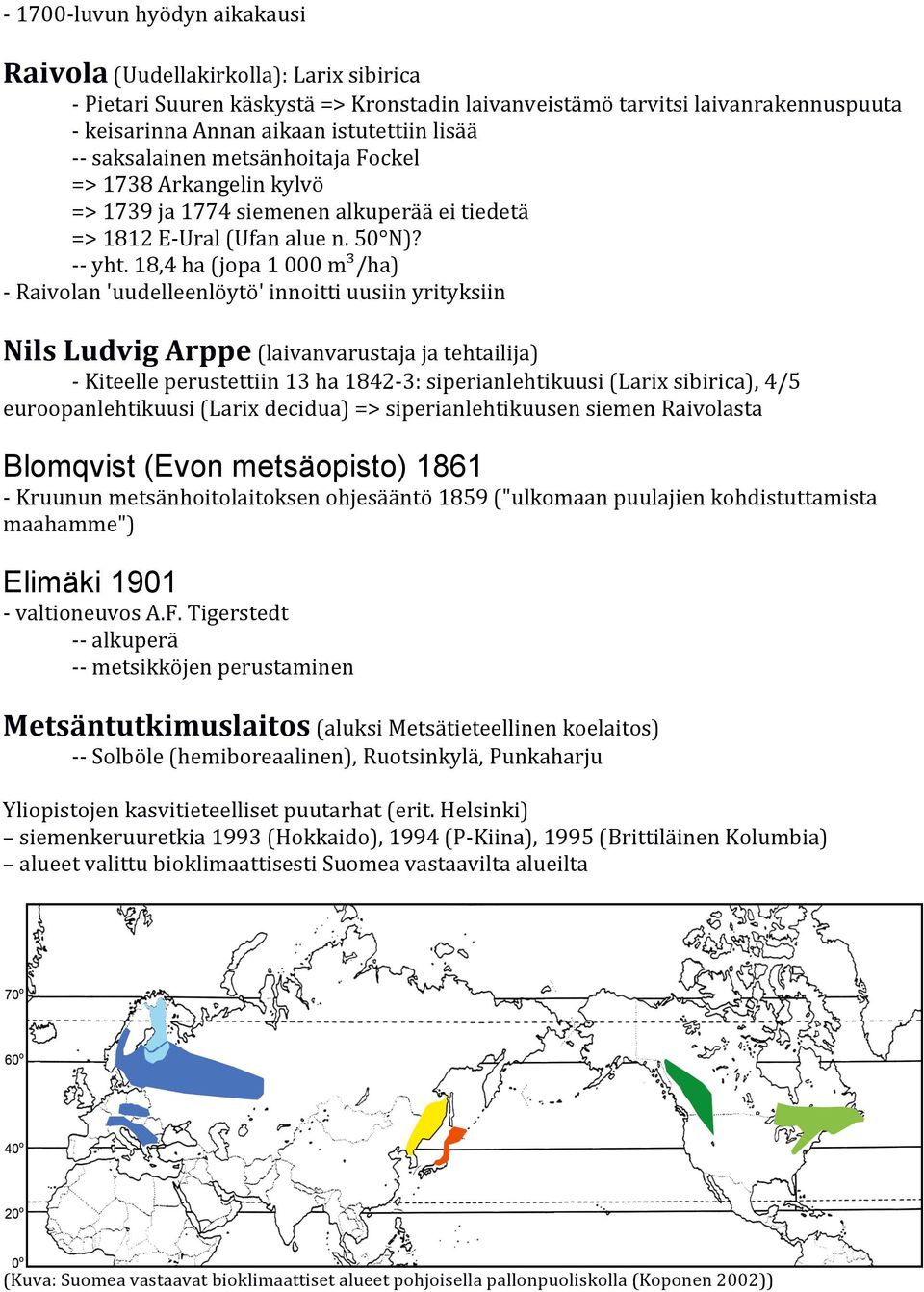 18,4 ha (jopa 1 000 m³/ha) - Raivolan 'uudelleenlöytö' innoitti uusiin yrityksiin Nils Ludvig Arppe (laivanvarustaja ja tehtailija) - Kiteelle perustettiin 13 ha 1842-3: siperianlehtikuusi (Larix