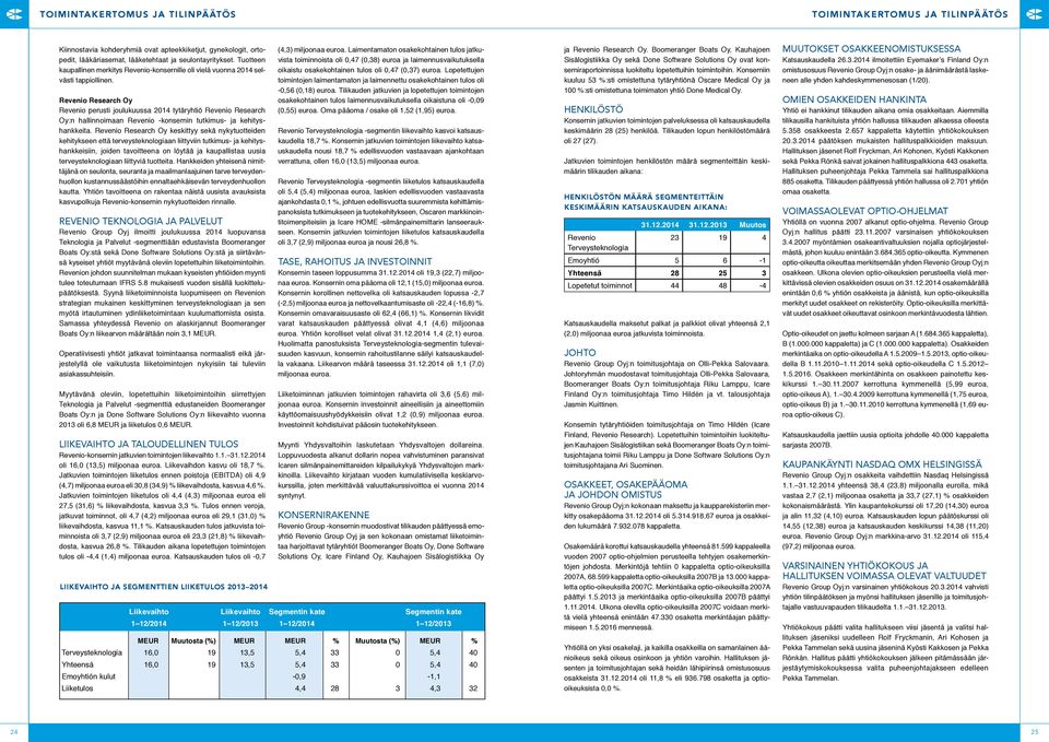 Revenio Research Oy Revenio perusti joulukuussa 2014 tytäryhtiö Revenio Research Oy:n hallinnoimaan Revenio -konsernin tutkimus- ja kehityshankkeita.