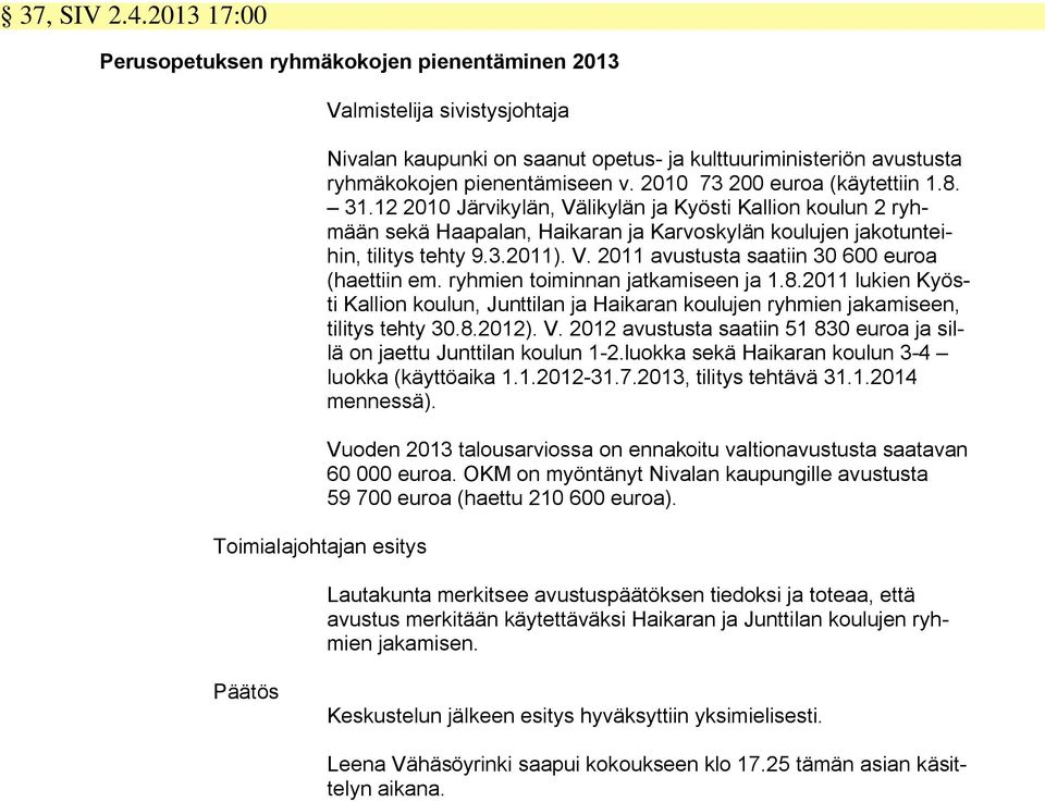 pienentämiseen v. 2010 73 200 euroa (käytettiin 1.8. 31.12 2010 Järvikylän, Välikylän ja Kyösti Kallion koulun 2 ryhmään sekä Haapalan, Haikaran ja Karvoskylän koulujen jakotunteihin, tilitys tehty 9.