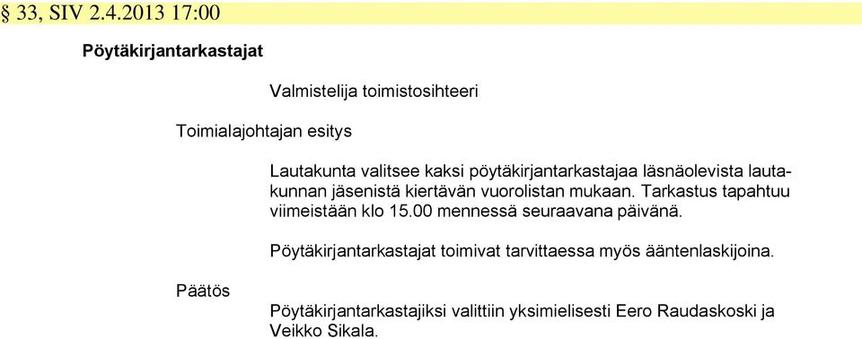 kaksi pöytäkirjantarkastajaa läsnäolevista lautakunnan jäsenistä kiertävän vuorolistan mukaan.