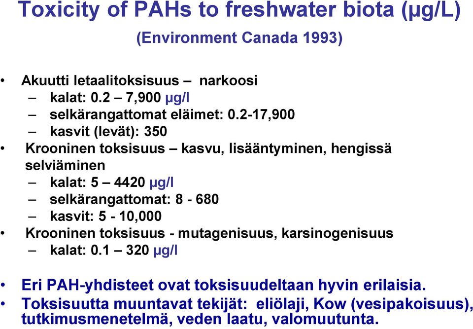 2-17,900 kasvit (levät): 350 Krooninen toksisuus kasvu, lisääntyminen, hengissä selviäminen kalat: 5 4420 µg/l selkärangattomat: 8-680
