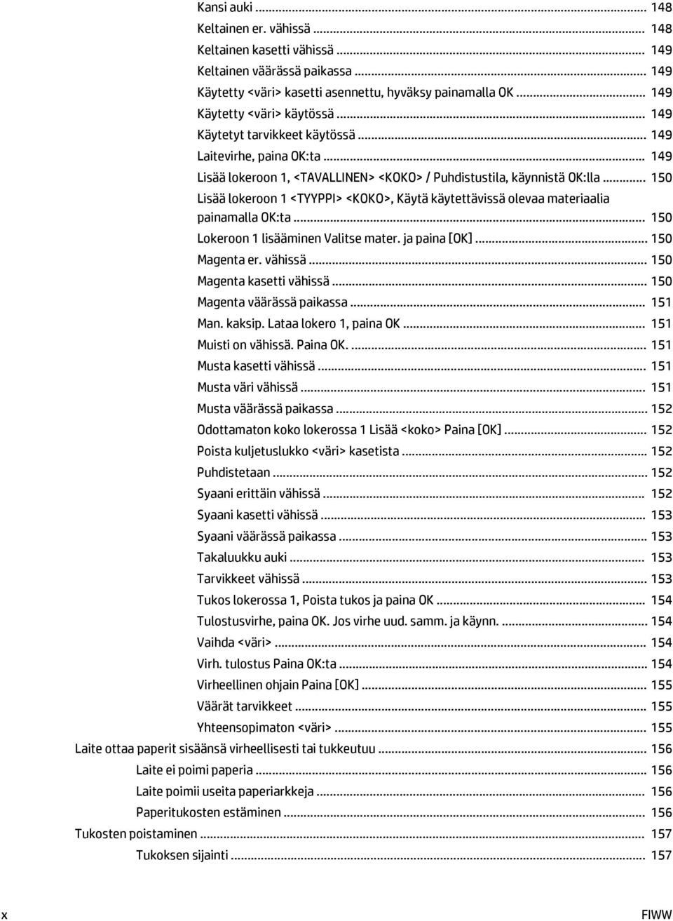 .. 150 Lisää lokeroon 1 <TYYPPI> <KOKO>, Käytä käytettävissä olevaa materiaalia painamalla OK:ta... 150 Lokeroon 1 lisääminen Valitse mater. ja paina [OK]... 150 Magenta er. vähissä.