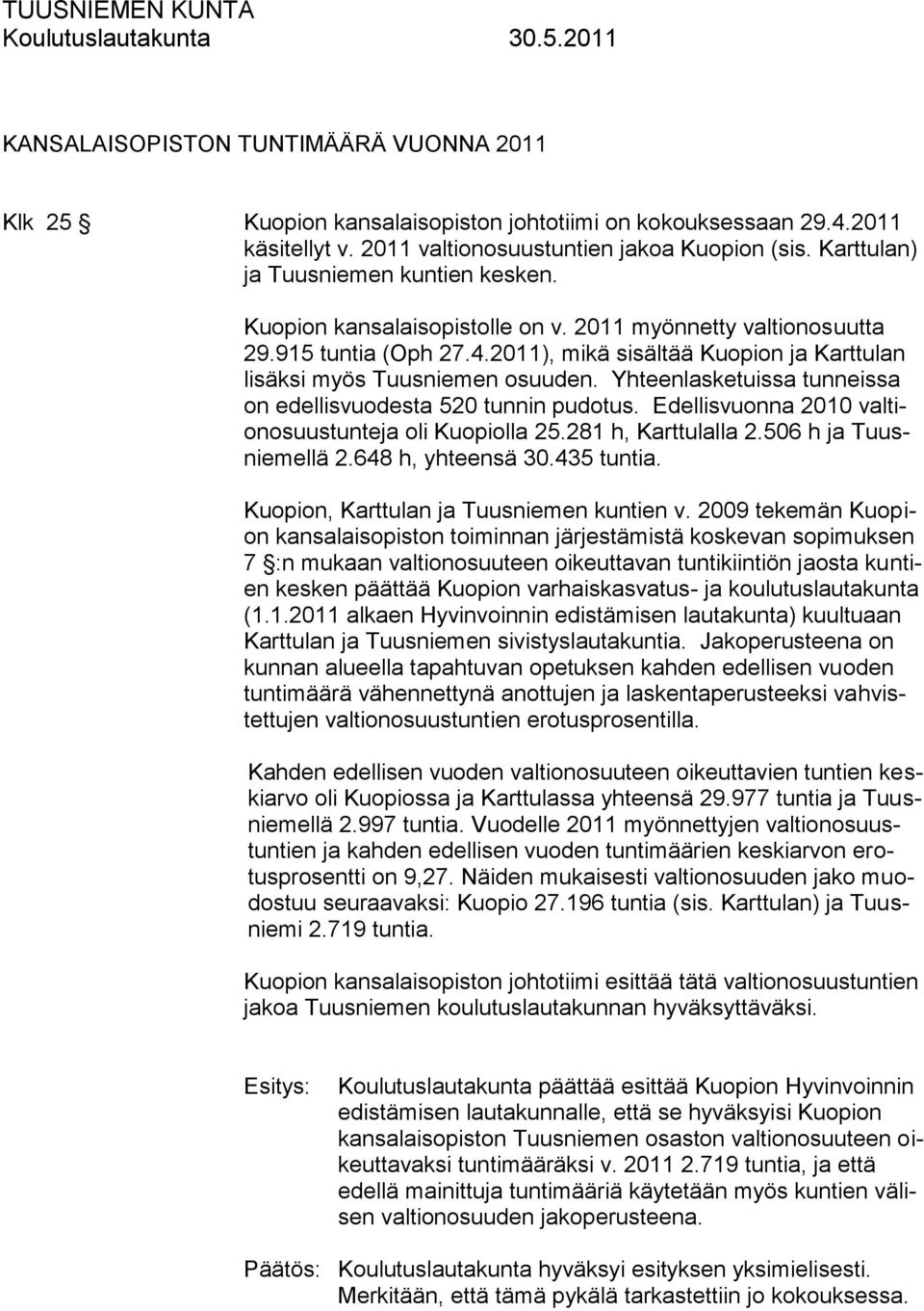 2011), mikä sisältää Kuopion ja Karttulan lisäksi myös Tuusniemen osuuden. Yhteenlasketuissa tunneissa on edellisvuodesta 520 tunnin pudotus. Edellisvuonna 2010 valtionosuustunteja oli Kuopiolla 25.