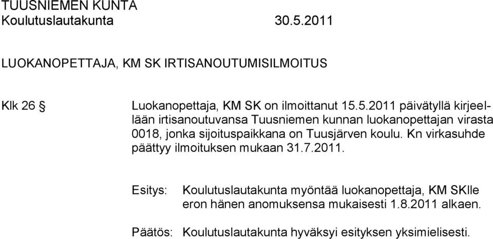 sijoituspaikkana on Tuusjärven koulu. Kn virkasuhde päättyy ilmoituksen mukaan 31.7.2011.