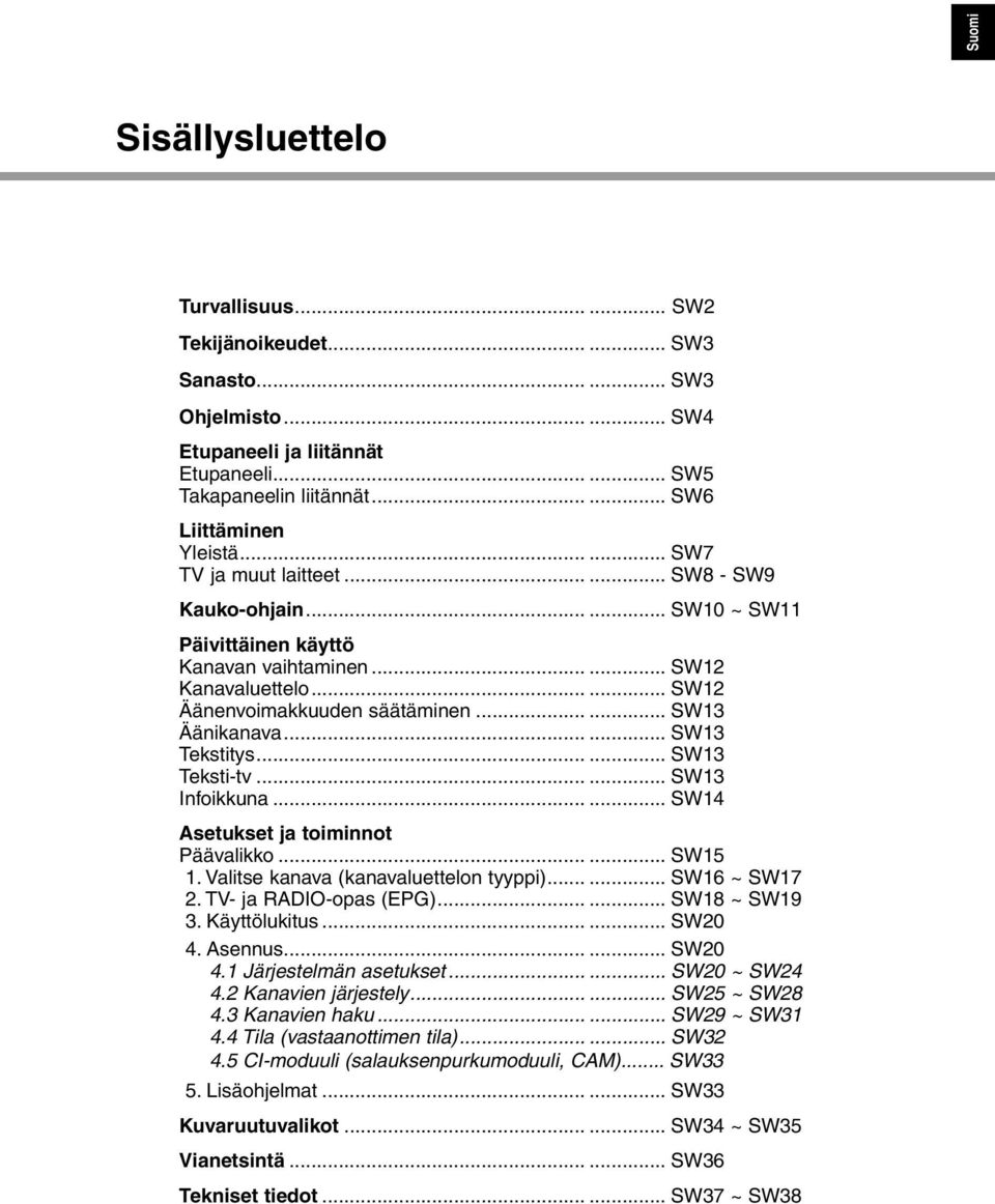 ..... SW12 Äänenvoimakkuuden säätäminen...... SW13 Äänikanava...... SW13 Tekstitys...... SW13 Teksti-tv...... SW13 Infoikkuna...... SW14 Asetukset ja toiminnot Päävalikko...... SW15 1.