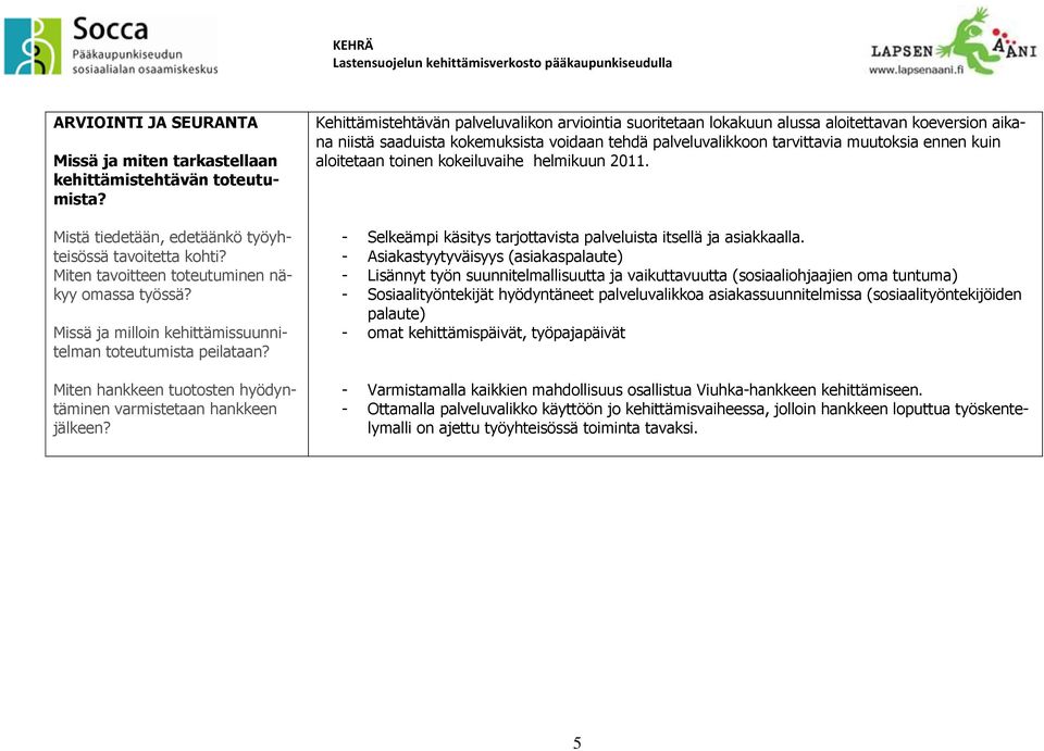 Kehittämistehtävän palveluvalikon arviointia suoritetaan lokakuun alussa aloitettavan koeversion aikana niistä saaduista kokemuksista voidaan tehdä palveluvalikkoon tarvittavia muutoksia ennen kuin