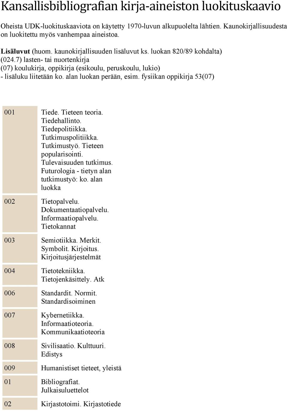 alan luokan perään, esim. fysiikan oppikirja 53(07) 001 Tiede. Tieteen teoria. Tiedehallinto. Tiedepolitiikka. Tutkimuspolitiikka. Tutkimustyö. Tieteen popularisointi. Tulevaisuuden tutkimus.