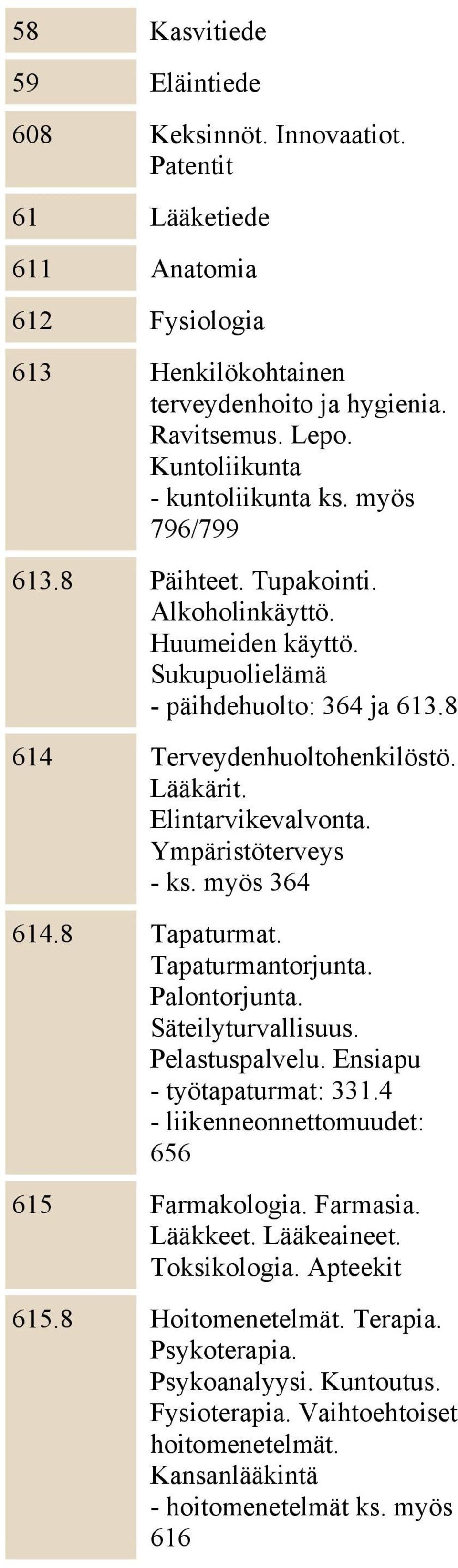 Elintarvikevalvonta. Ympäristöterveys - ks. myös 364 614.8 Tapaturmat. Tapaturmantorjunta. Palontorjunta. Säteilyturvallisuus. Pelastuspalvelu. Ensiapu - työtapaturmat: 331.