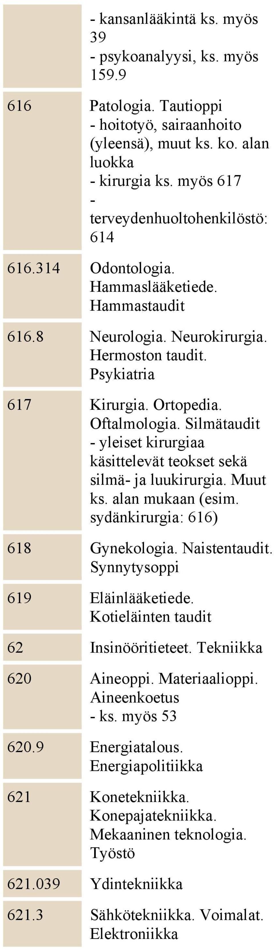 Silmätaudit - yleiset kirurgiaa käsittelevät teokset sekä silmä- ja luukirurgia. Muut ks. alan mukaan (esim. sydänkirurgia: 616) 618 Gynekologia. Naistentaudit. Synnytysoppi 619 Eläinlääketiede.