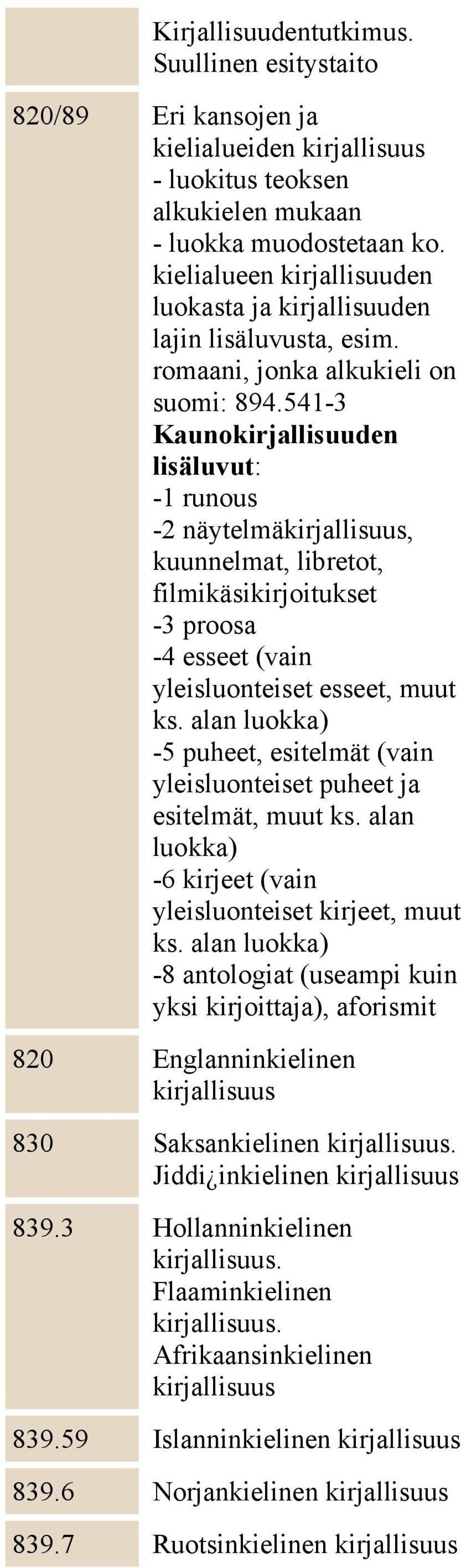 541-3 Kaunokirjallisuuden lisäluvut: -1 runous -2 näytelmäkirjallisuus, kuunnelmat, libretot, filmikäsikirjoitukset -3 proosa -4 esseet (vain yleisluonteiset esseet, muut ks.