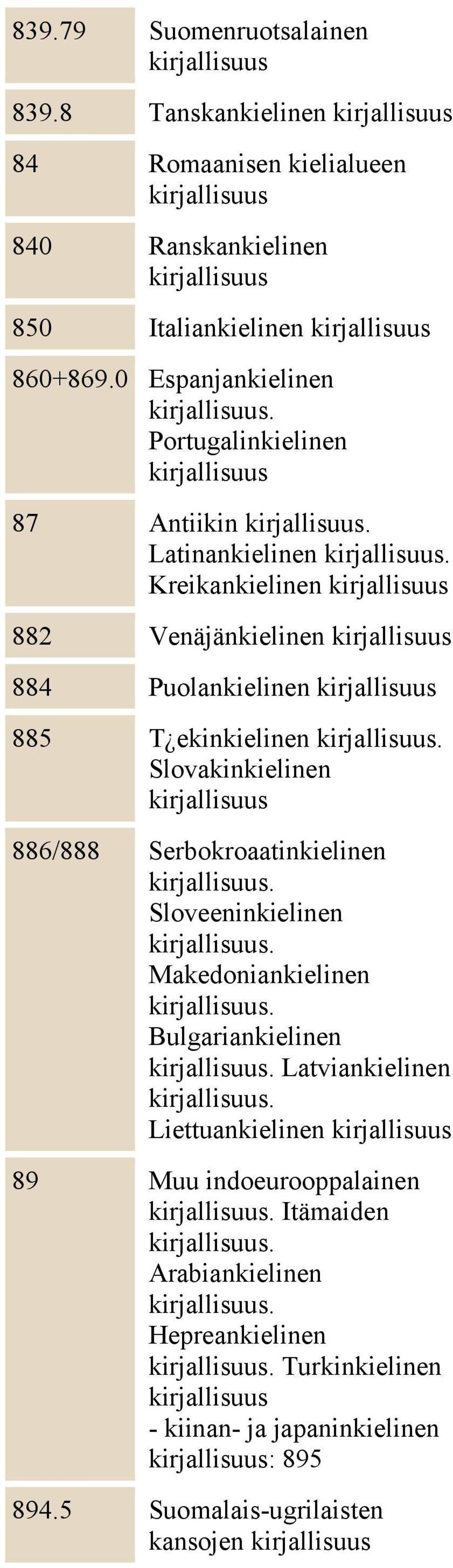 Kreikankielinen kirjallisuus 882 Venäjänkielinen kirjallisuus 884 Puolankielinen kirjallisuus 885 T ekinkielinen kirjallisuus. Slovakinkielinen kirjallisuus 886/888 Serbokroaatinkielinen kirjallisuus.