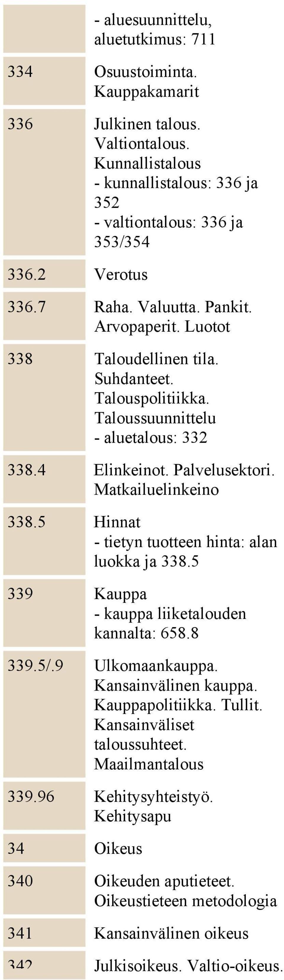 Matkailuelinkeino 338.5 Hinnat - tietyn tuotteen hinta: alan luokka ja 338.5 339 Kauppa - kauppa liiketalouden kannalta: 658.8 339.5/.9 Ulkomaankauppa. Kansainvälinen kauppa. Kauppapolitiikka.