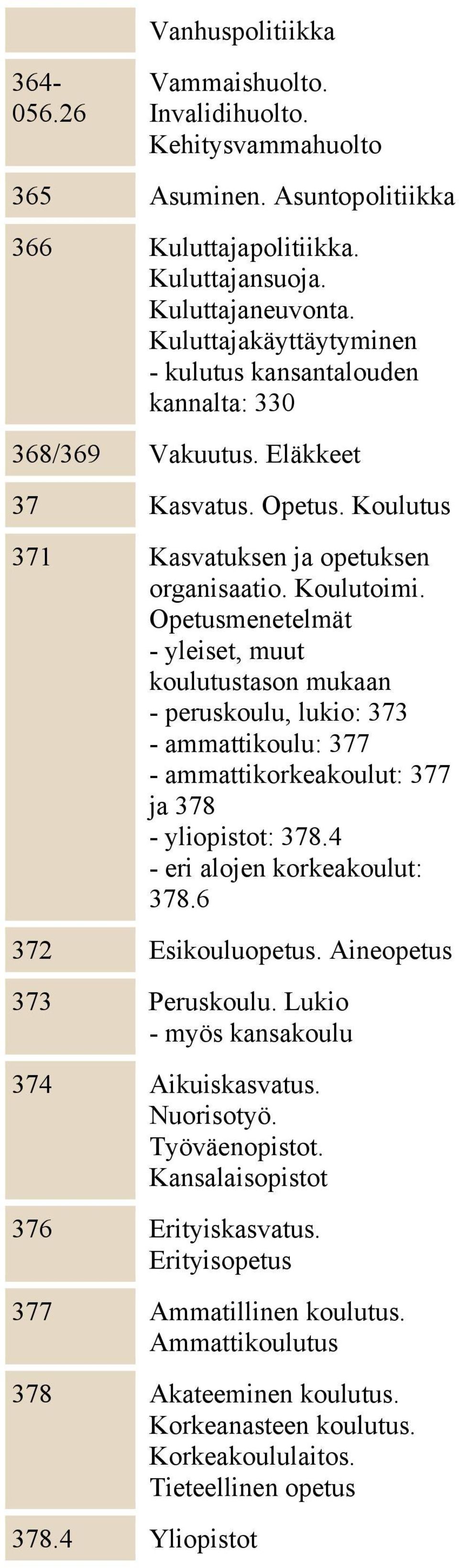 Opetusmenetelmät - yleiset, muut koulutustason mukaan - peruskoulu, lukio: 373 - ammattikoulu: 377 - ammattikorkeakoulut: 377 ja 378 - yliopistot: 378.4 - eri alojen korkeakoulut: 378.