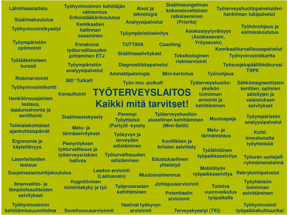 kehittämissuunnitelma Työhyvinvoinnin kehittäjän valmennus Erikoislääkärikoulutus Kemikaalien hallinnan osaaminen Ennakoiva työturvallisuuden johtaminen ETJ Työympäristön analyysipalvelut 360 Tutka