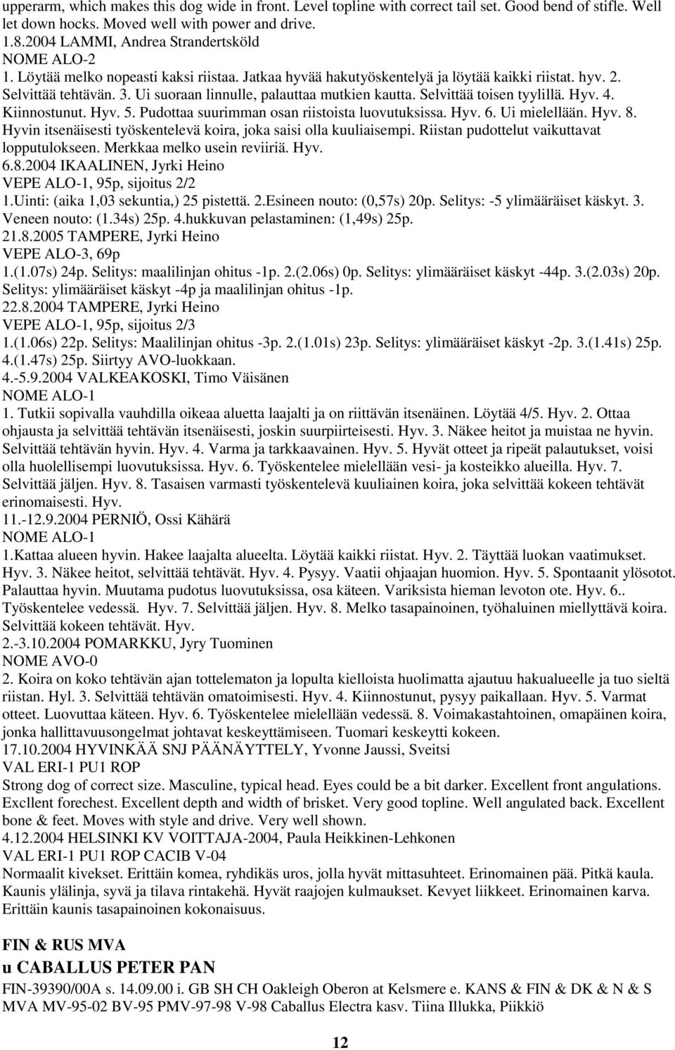 Ui suoraan linnulle, palauttaa mutkien kautta. Selvittää toisen tyylillä. Hyv. 4. Kiinnostunut. Hyv. 5. Pudottaa suurimman osan riistoista luovutuksissa. Hyv. 6. Ui mielellään. Hyv. 8.