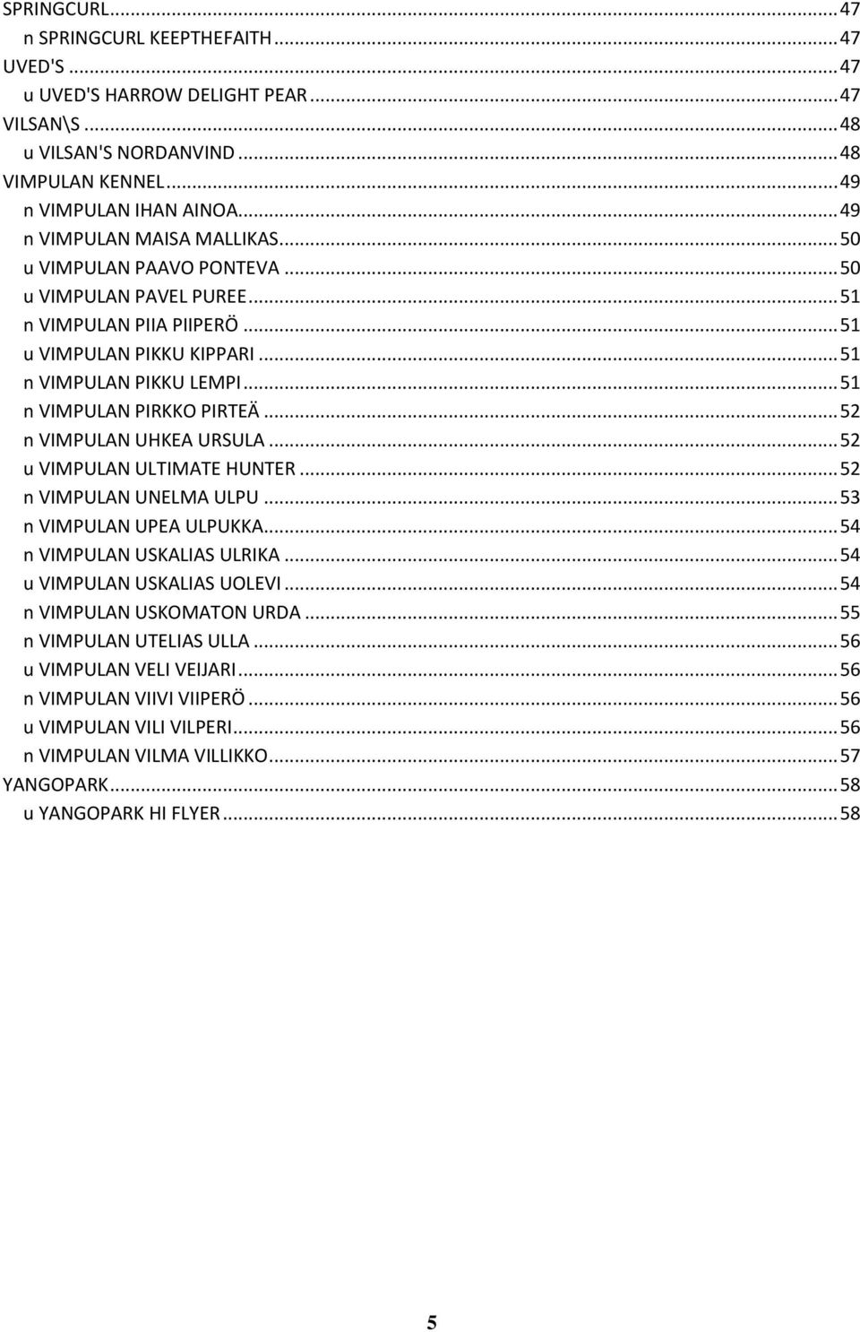 .. 51 n VIMPULAN PIRKKO PIRTEÄ... 52 n VIMPULAN UHKEA URSULA... 52 u VIMPULAN ULTIMATE HUNTER... 52 n VIMPULAN UNELMA ULPU... 53 n VIMPULAN UPEA ULPUKKA... 54 n VIMPULAN USKALIAS ULRIKA.