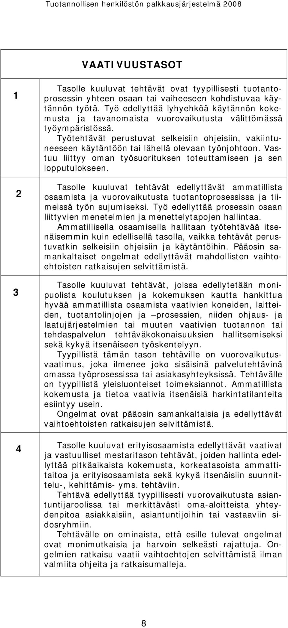 Työtehtävät perustuvat selkeisiin ohjeisiin, vakiintuneeseen käytäntöön tai lähellä olevaan työnjohtoon. Vastuu liittyy oman työsuorituksen toteuttamiseen ja sen lopputulokseen.