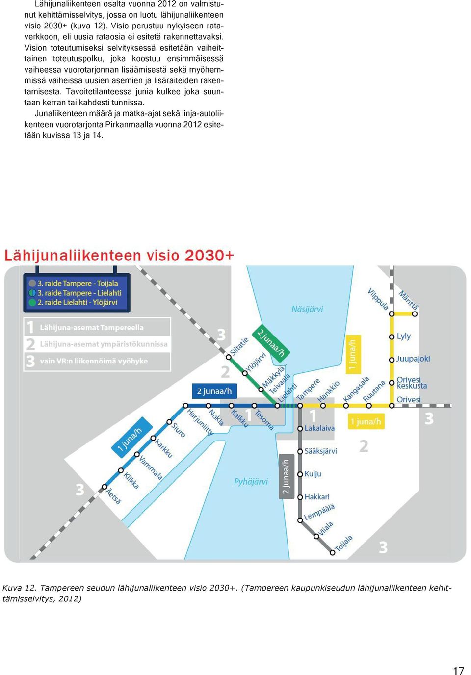 Vision toteutumiseksi selvityksessä esitetään vaiheittainen toteutuspolku, joka koostuu ensimmäisessä vaiheessa vuorotarjonnan lisäämisestä sekä myöhemmissä vaiheissa uusien asemien ja