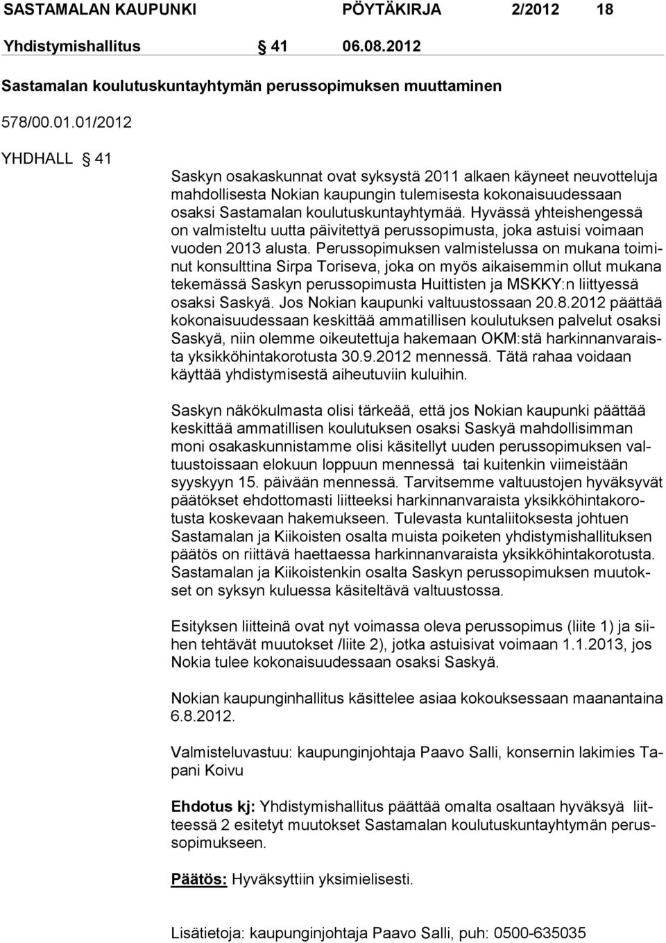 Sastamalan koulutuskuntayhtymän perussopimuksen muuttaminen 578/00.01.