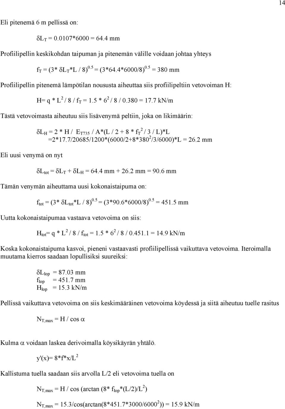 7 kn/m Tästä vetovoimasta aiheutuu siis lisävenymä peltiin, joka on likimäärin: Eli uusi venymä on nyt δl H = 2 * H / E T735 / A*(L / 2 + 8 * f T 2 / 3 / L)*L =2*17.