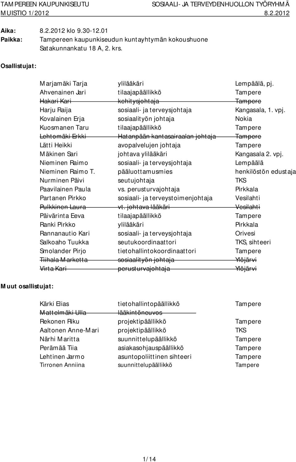 Kovalainen Erja sosiaalityön johtaja Nokia Kuosmanen Taru tilaajapäällikkö Tampere Lehtomäki Erkki Hatanpään kantasairaalan johtaja Tampere Lätti Heikki avopalvelujen johtaja Tampere Mäkinen Sari