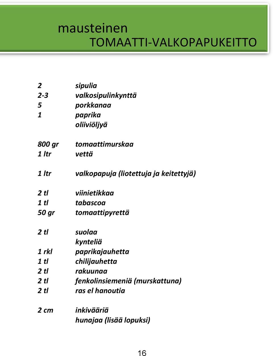 tabascoa 50 gr tomaattipyrettä 2 tl suolaa kynteliä 1 rkl paprikajauhetta 1 tl chilijauhetta 2 tl