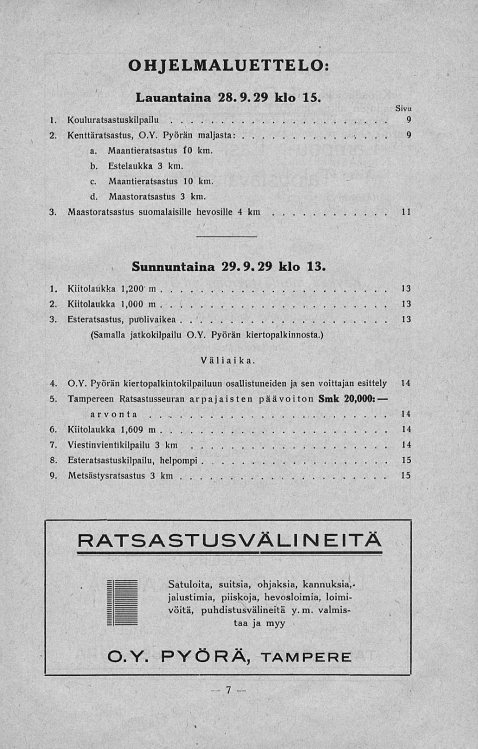 . ' 13 (Samalla jatkokilpailu O.Y. Pyörän kiertopalkinnosta.) Väliaika. 4. O.Y. Pyörän kiertopalkintokilpailuun osallistuneiden ja sen voittajan esittely 14 5.