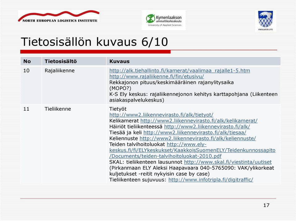 liikennevirasto.fi/alk/tietyot/ Kelikamerat http://www2.liikennevirasto.fi/alk/kelikamerat/ Häiriöt tieliikenteessä http://www2.liikennevirasto.fi/alk/ Tiesää ja keli http://www2.liikennevirasto.fi/alk/tiesaa/ Keliennuste http://www2.