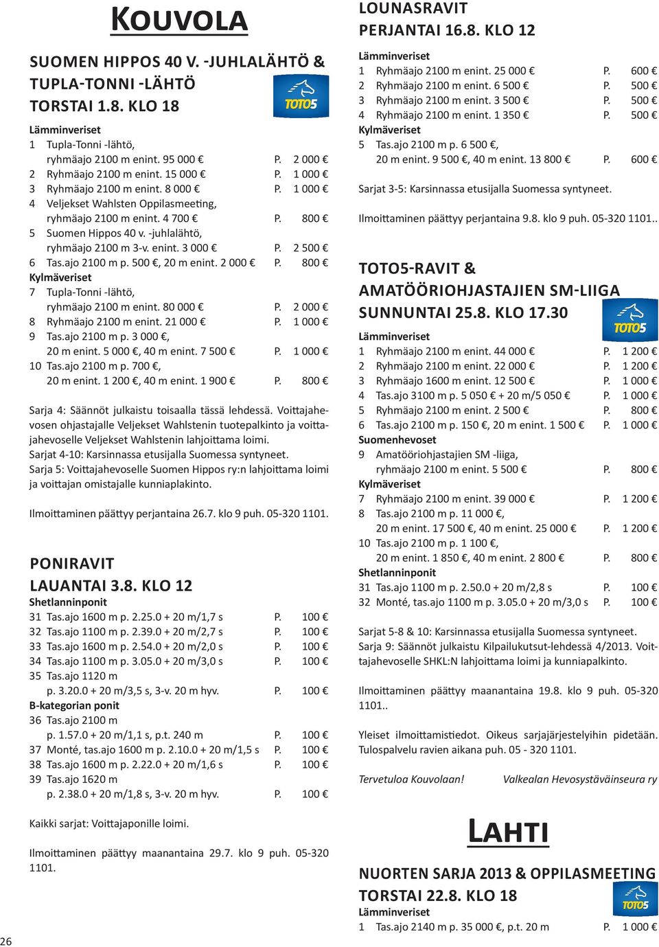 2 500 6 Tas.ajo 2100 m p. 500, 20 m enint. 2 000 P. 800 7 Tupla-Tonni -lähtö, ryhmäajo 2100 m enint. 80 000 P. 2 000 8 Ryhmäajo 2100 m enint. 21 000 P. 1 000 9 Tas.ajo 2100 m p. 3 000, 20 m enint.