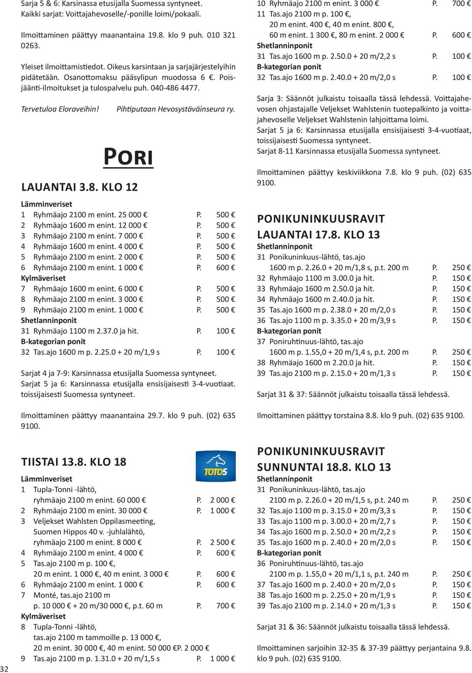 Pihtiputaan Hevosystäväinseura ry. Pori LAUANTAI 3.8. KLO 12 1 Ryhmäajo 2100 m enint. 25 000 P. 500 2 Ryhmäajo 1600 m enint. 12 000 P. 500 3 Ryhmäajo 2100 m enint. 7 000 P.