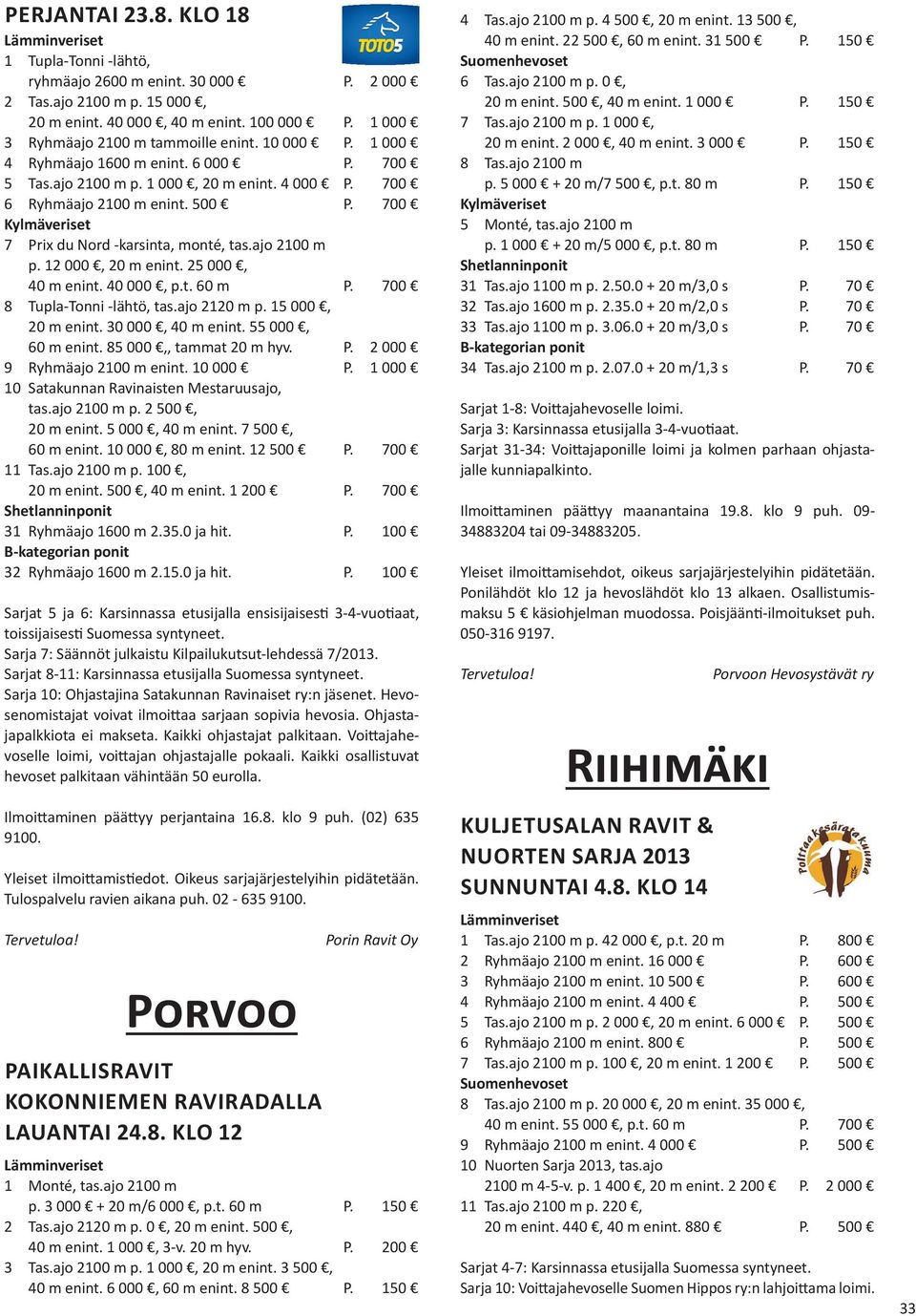 25 000, 40 m enint. 40 000, p.t. 60 m P. 700 8 Tupla-Tonni -lähtö, tas.ajo 2120 m p. 15 000, 20 m enint. 30 000, 40 m enint. 55 000, 60 m enint. 85 000,, tammat 20 m hyv. P. 2 000 9 Ryhmäajo 2100 m enint.