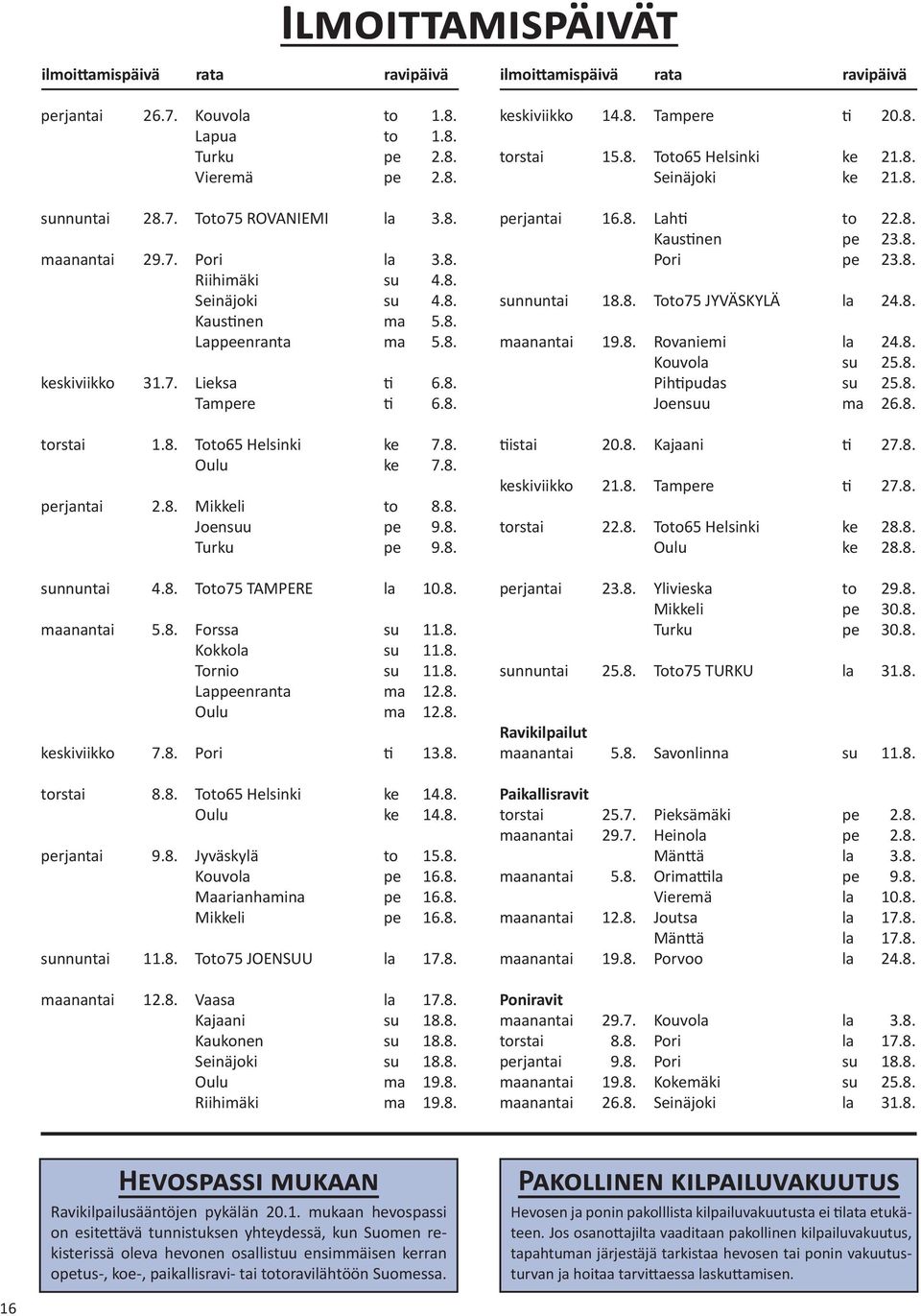 8. Mikkeli to 8.8. Joensuu pe 9.8. Turku pe 9.8. sunnuntai 4.8. Toto75 TAMPERE la 10.8. maanantai 5.8. Forssa su 11.8. Kokkola su 11.8. Tornio su 11.8. Lappeenranta ma 12.8. Oulu ma 12.8. keskiviikko 7.