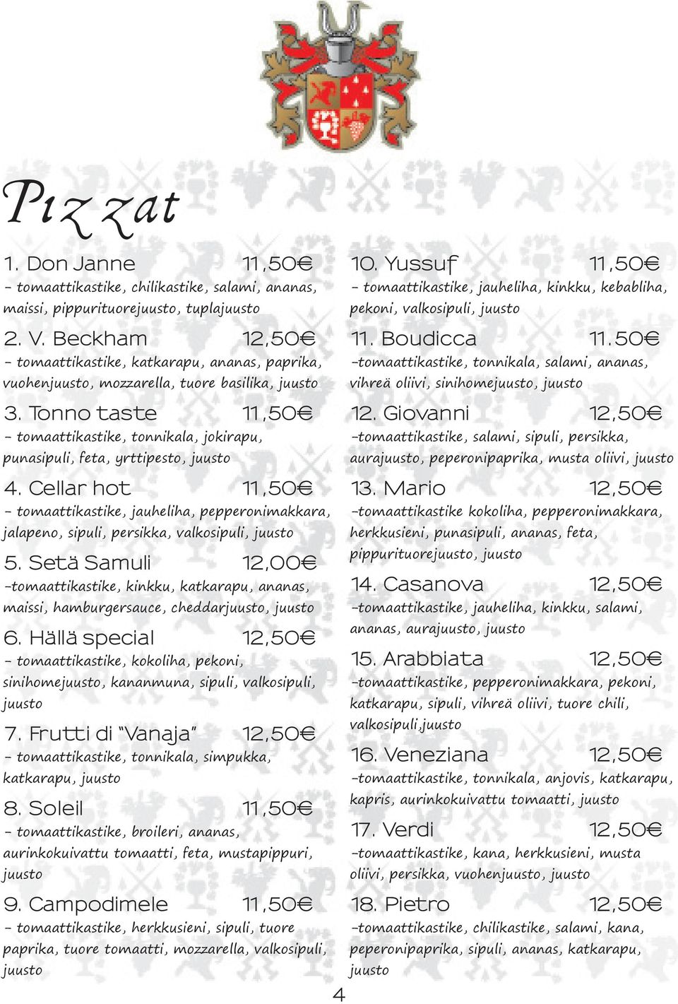 Tonno taste 11,50 - tomaattikastike, tonnikala, jokirapu, punasipuli, feta, yrttipesto, juusto 4.