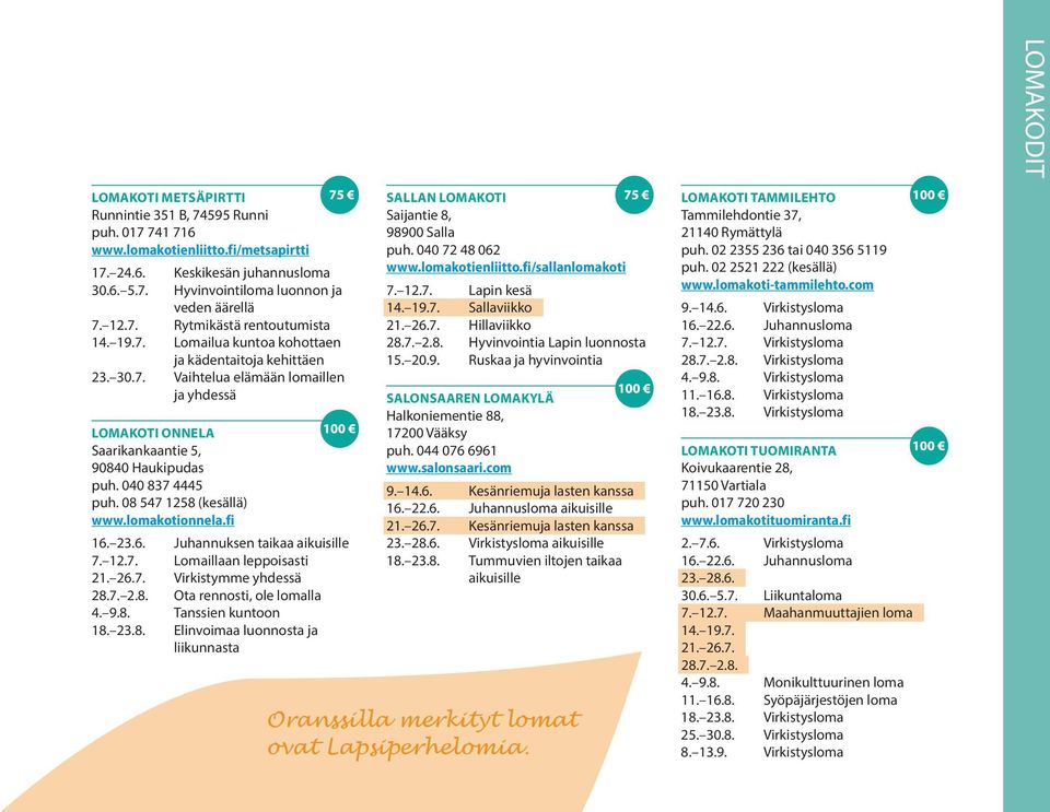 08 547 1258 (kesällä) www.lomakotionnela.fi 16. 23.6. Juhannuksen taikaa aikuisille 7. 12.7. Lomaillaan leppoisasti 21. 26.7. Virkistymme yhdessä 28.7. 2.8. Ota rennosti, ole lomalla 4. 9.8. Tanssien kuntoon 18.