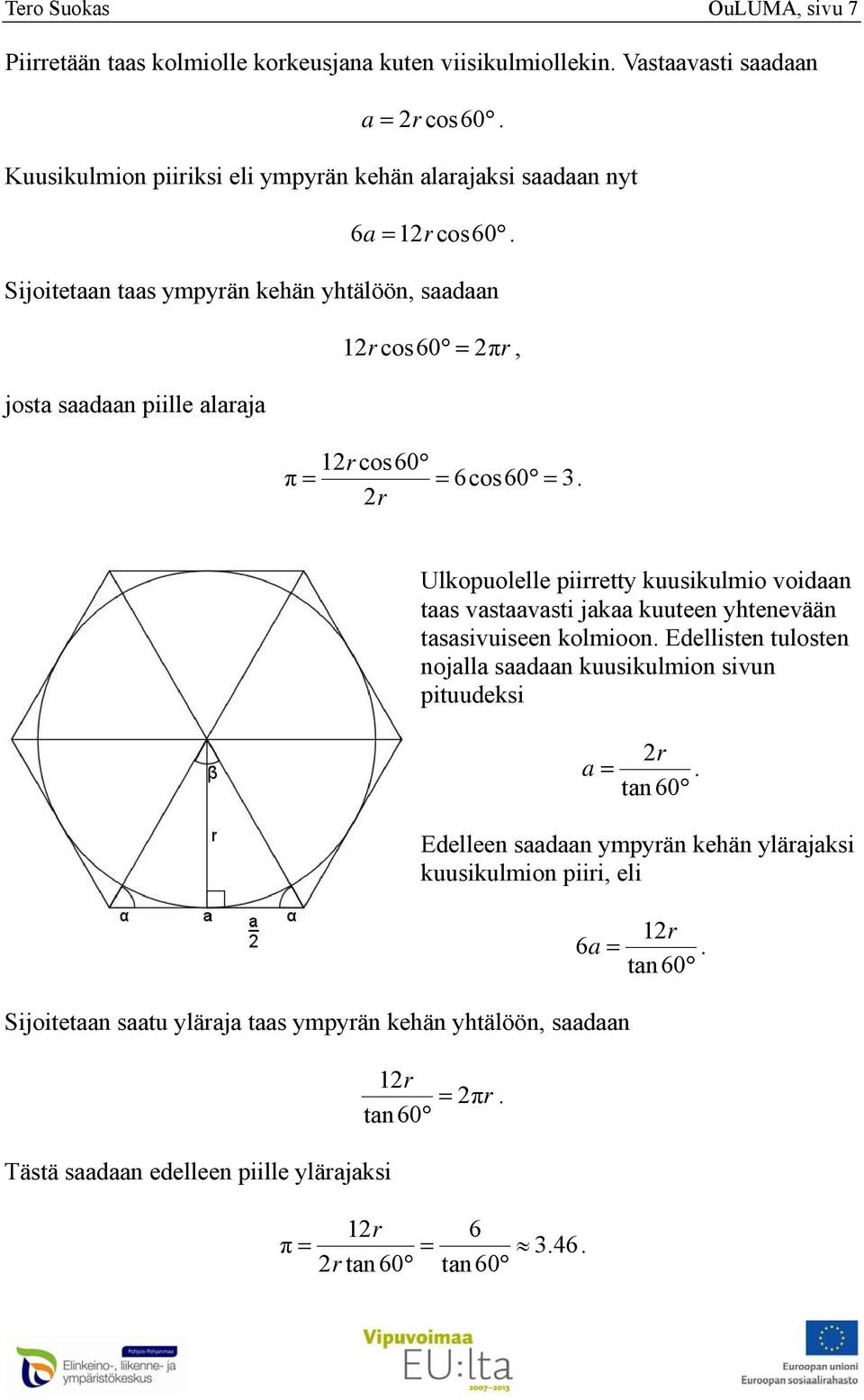 yhtälöön saadaan Tästä saadaan edelleen piille ylärajaksi Ulkopuolelle piirretty kuusikulmio voidaan taas vastaavasti jakaa kuuteen yhtenevään tasasivuiseen kolmioon Edellisten