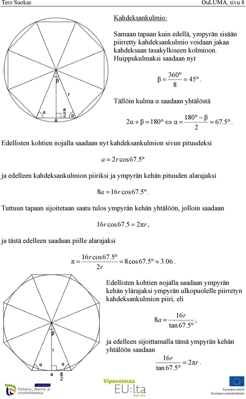 pituuden alarajaksi 8a 16r cos67 5 Tuttuun tapaan sijoitetaan saatu tulos ympyrän kehän yhtälöön jolloin saadaan ja tästä edelleen saadaan piille alarajaksi 16r cos675 πr 16r cos675 π 8cos675 06 r