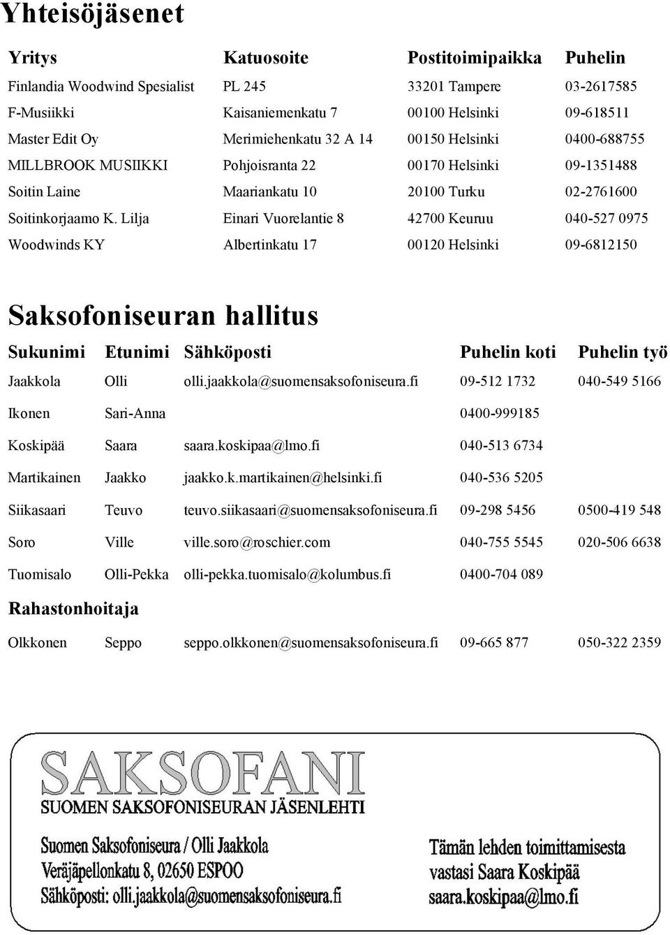 Lilja Einari Vuorelantie 8 42700 Keuruu 040-527 0975 Woodwinds KY Albertinkatu 17 00120 Helsinki 09-6812150 Saksofoniseuran hallitus Sukunimi Etunimi Sähköposti Puhelin koti Puhelin työ Jaakkola Olli