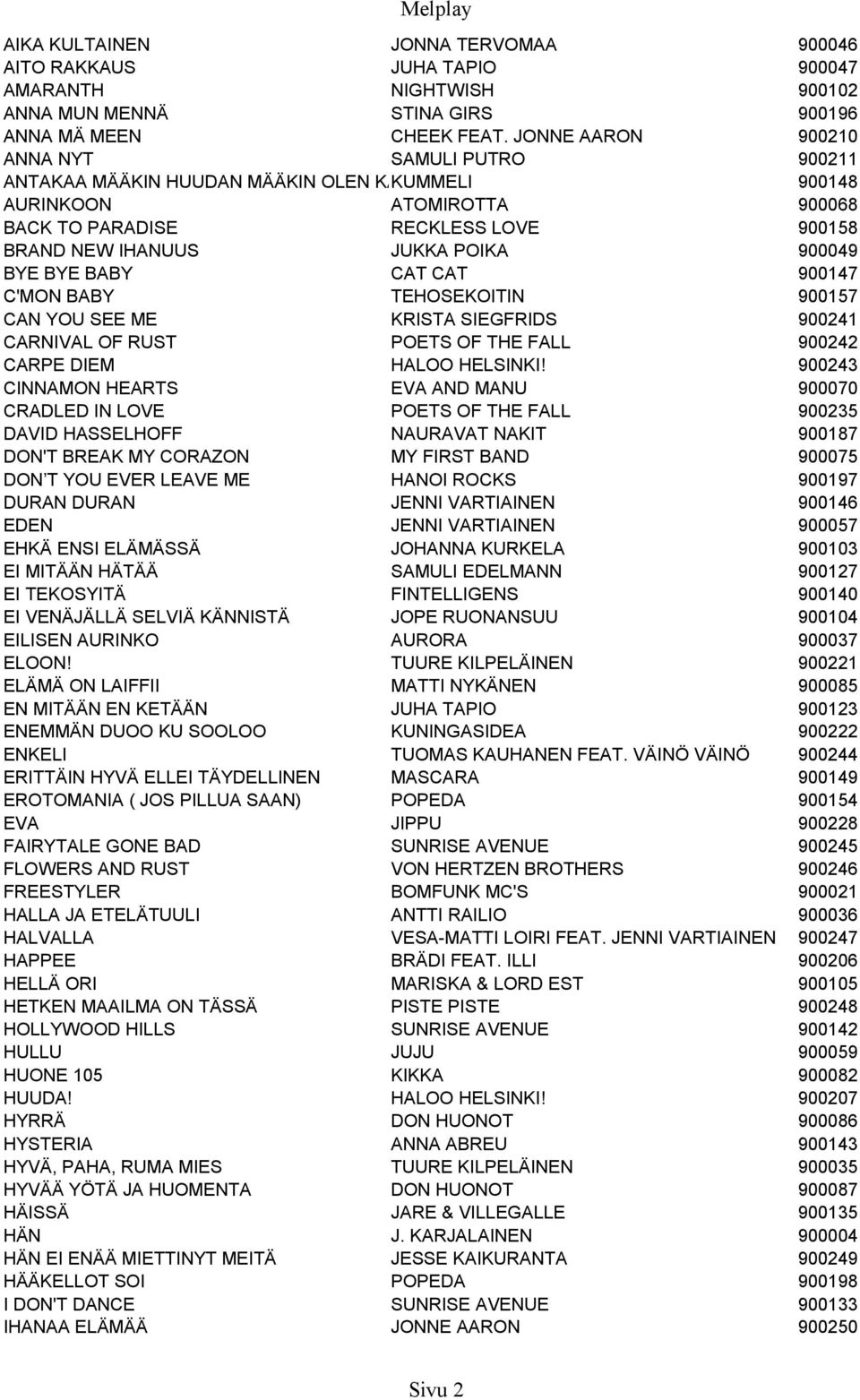 POIKA 900049 BYE BYE BABY CAT CAT 900147 C'MON BABY TEHOSEKOITIN 900157 CAN YOU SEE ME KRISTA SIEGFRIDS 900241 CARNIVAL OF RUST POETS OF THE FALL 900242 CARPE DIEM HALOO HELSINKI!