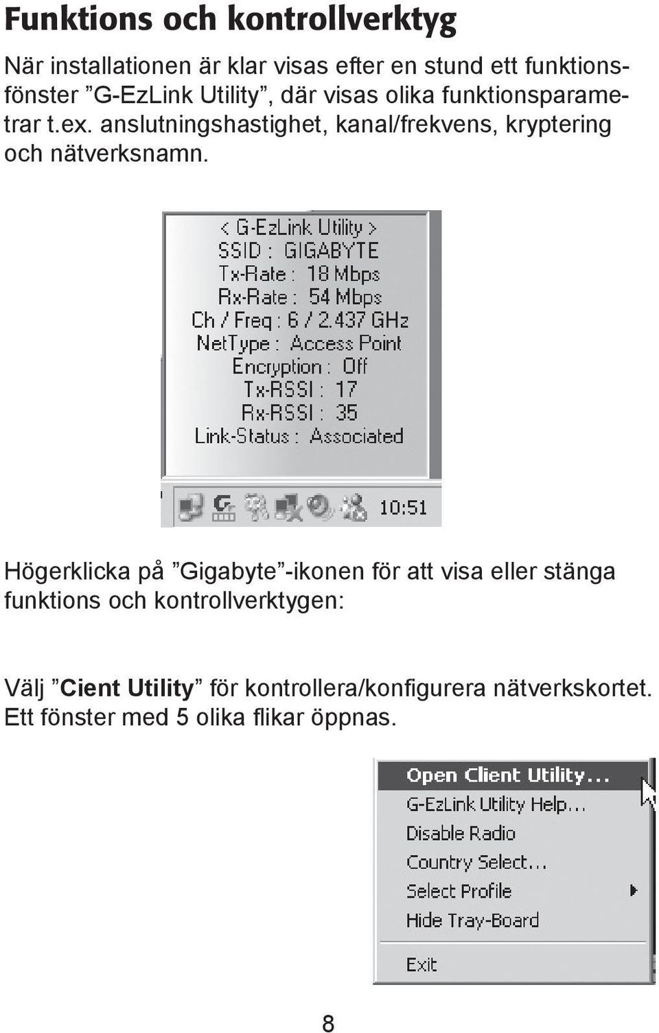 anslutningshastighet, kanal/frekvens, kryptering och nätverksnamn.