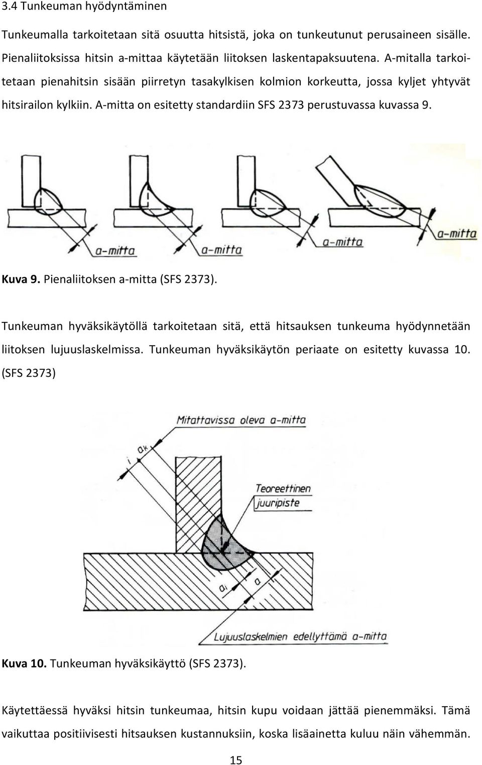 Pienaliitoksen a-mitta (SFS 2373). Tunkeuman hyväksikäytöllä tarkoitetaan sitä, että hitsauksen tunkeuma hyödynnetään liitoksen lujuuslaskelmissa.