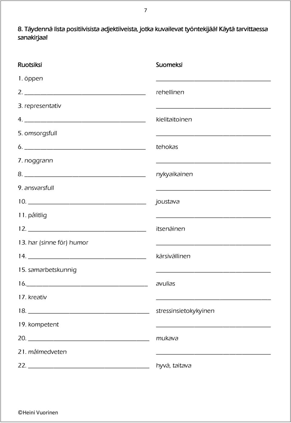 nykyaikainen 9. ansvarsfull 10. joustava 11. pålitlig 12. itsenäinen 13. har (sinne för) humor 14. kärsivällinen 15.