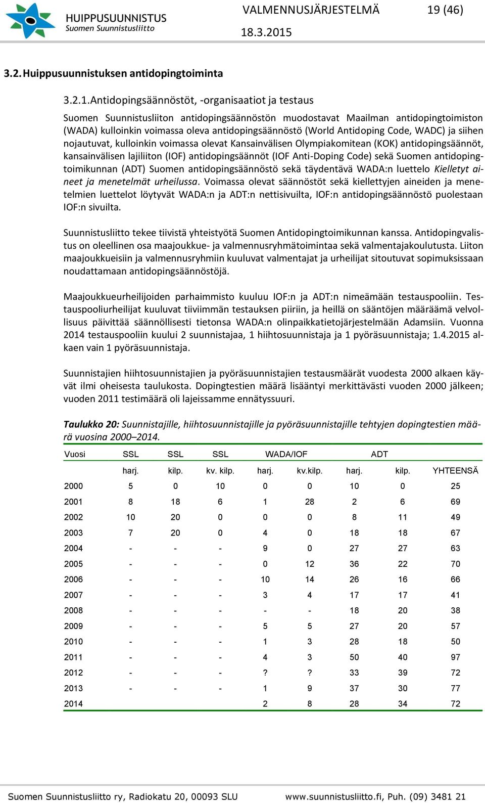 Antidopingsäännöstöt, -organisaatiot ja testaus Suomen Suunnistusliiton antidopingsäännöstön muodostavat Maailman antidopingtoimiston (WADA) kulloinkin voimassa oleva antidopingsäännöstö (World