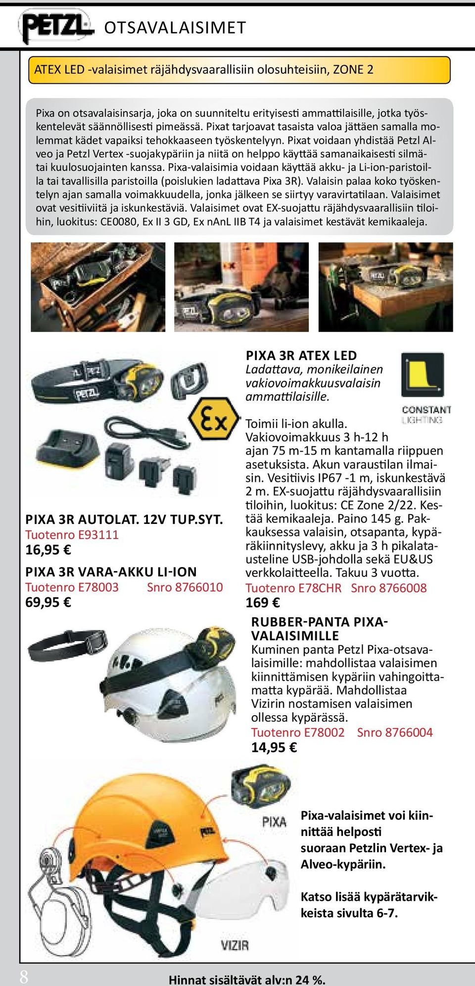 Pixat voidaan yhdistää Petzl Alveo ja Petzl Vertex -suojakypäriin ja niitä on helppo käyttää samanaikaisesti silmätai kuulosuojainten kanssa.